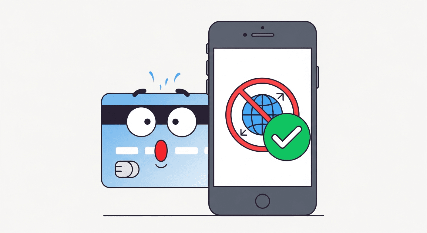 Credit card and smartphone with a roaming-charges icon being canceled by a green checkmark — illustration for avoiding roaming charges