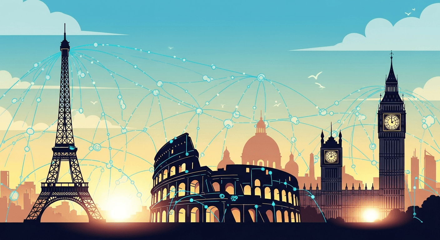 European landmarks connected by glowing data lines — illustration for the best eSIM for Europe travel guide