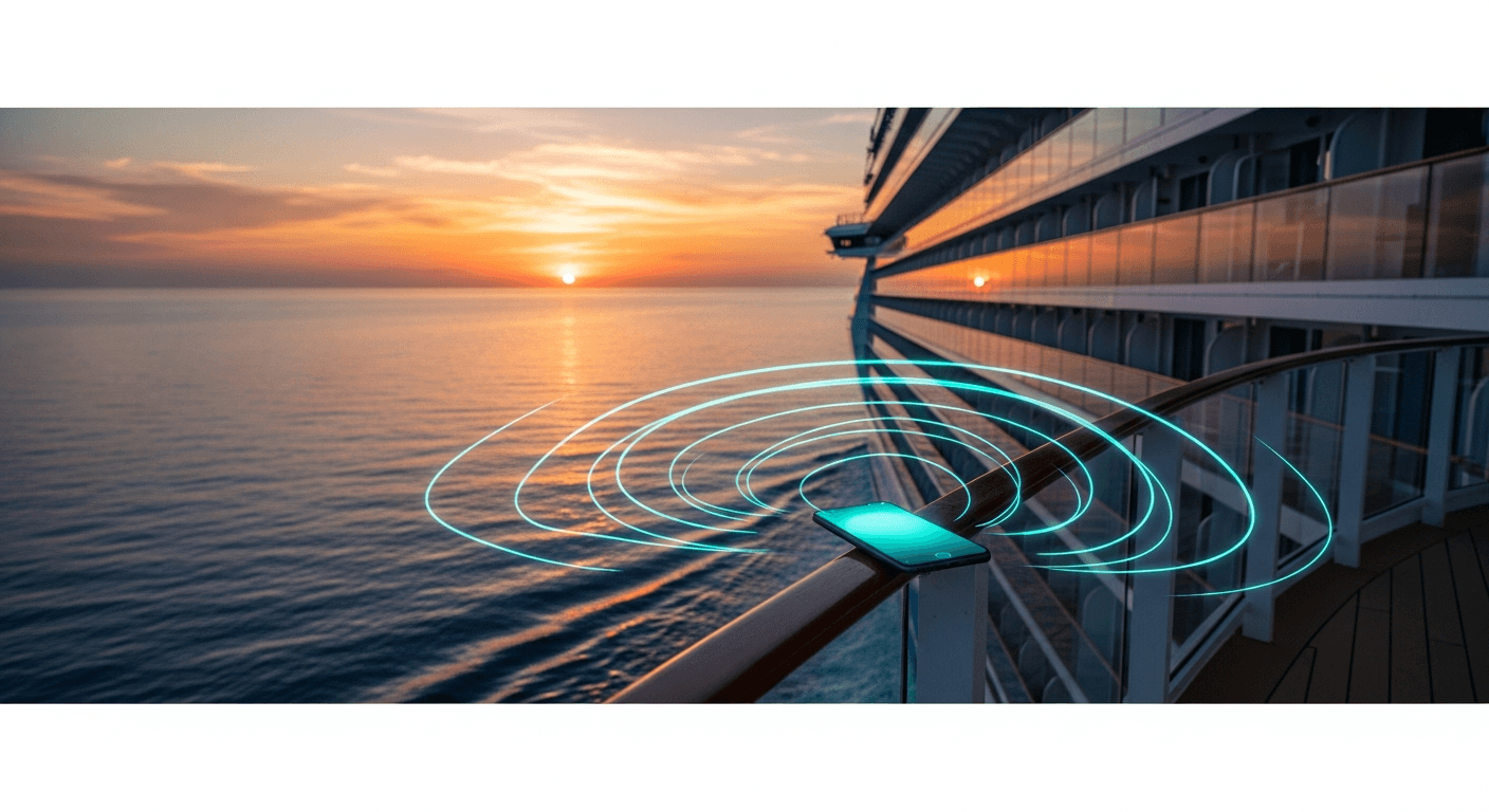 Cruise ship at sea at sunset with a smartphone showing strong data signal — illustration for the cruise internet connectivity guide