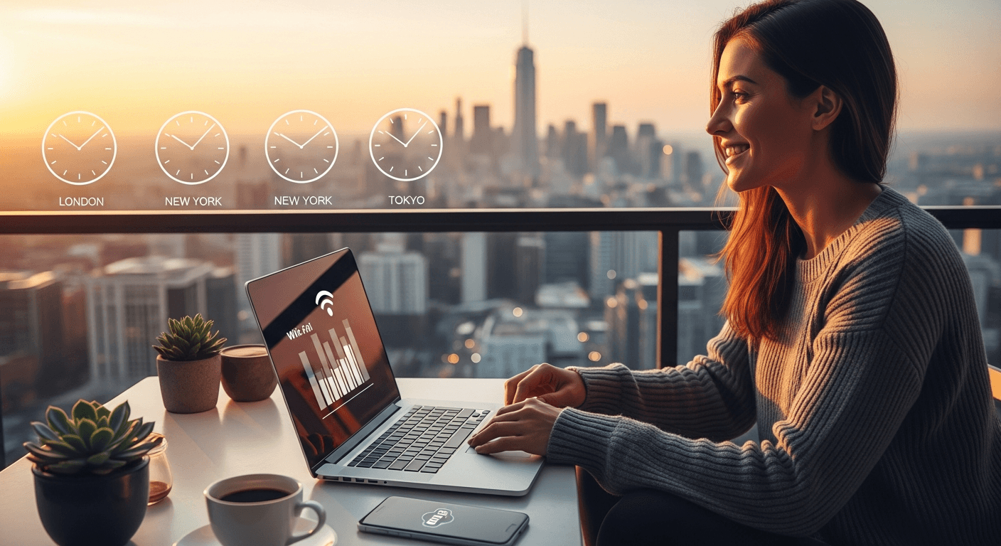 Remote worker on a balcony at sunset with a laptop and connected phone across multiple time zones — illustration for the eSIM remote work guide