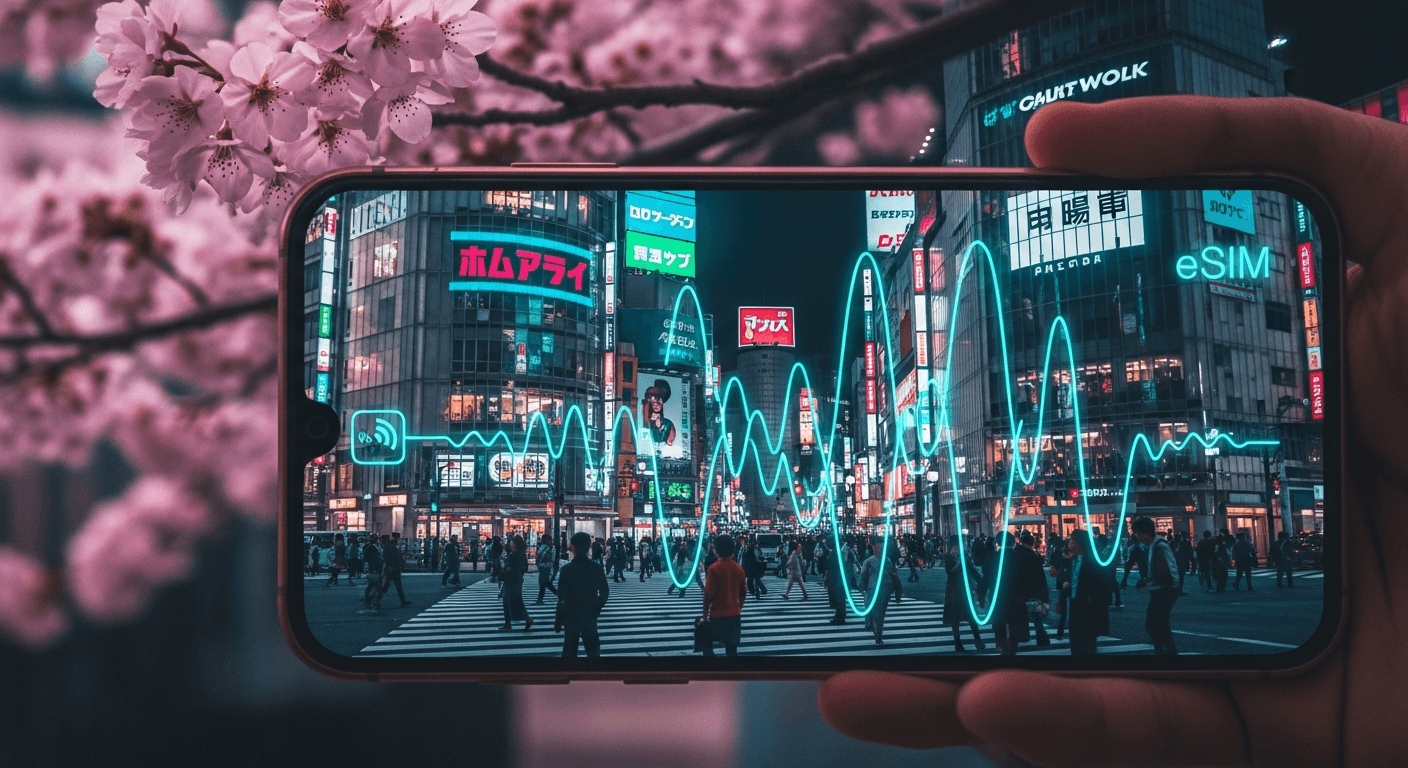 Tokyo neon street scene reflected in a smartphone with cherry blossoms — illustration for the eSIM Japan 2026 guide