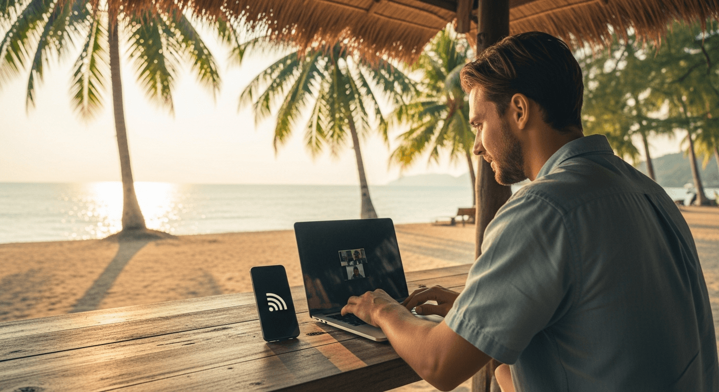 Digital nomad working from a tropical Thai beach cafe with strong signal on their phone — illustration for the Thailand digital nomad guide